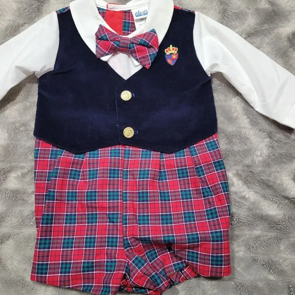 Alexis Baby Vtg USA 6 Months Boy Red Plaid Bowtie Formal Party Romper Outfit